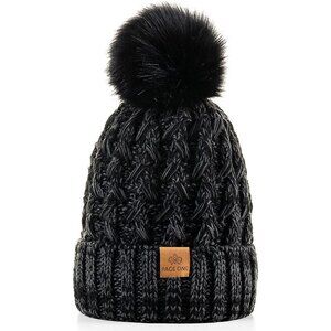Women’s Mixed Black Winter Ribbed Beanie Hat Chunky Cable Knit Pompom Warm